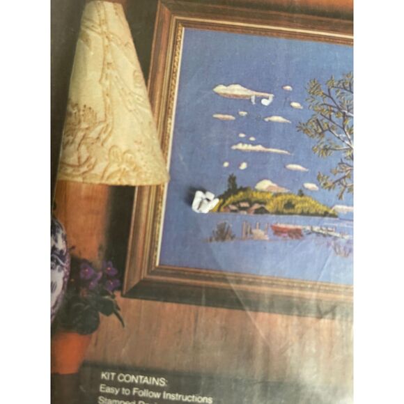 Avon Creative Needlecraft LANDSCAPE Picture Crewel Embroidery Lake Boat Tree 18" - Picture 5 of 6